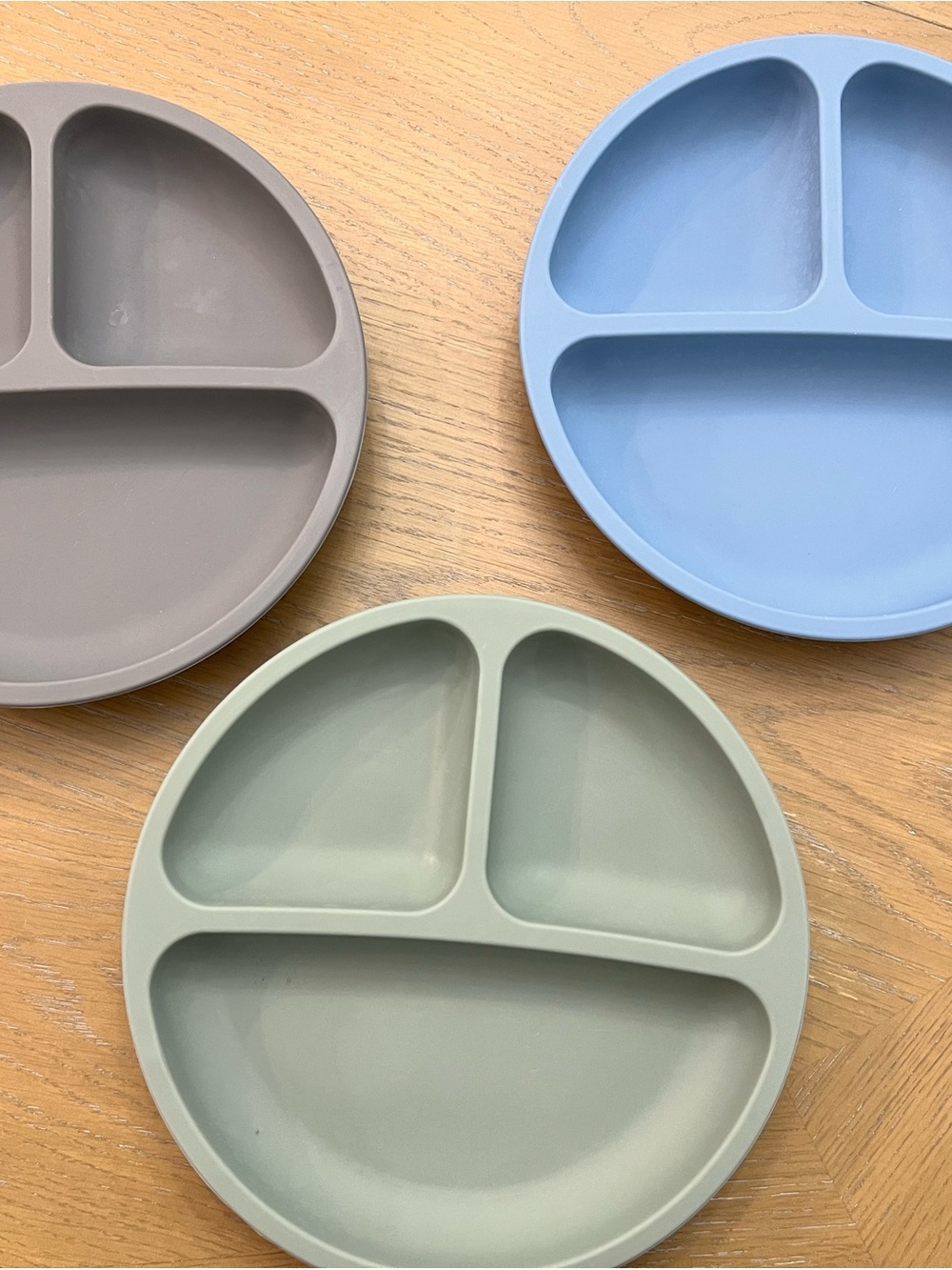Set of 3 Wee Sprout Silicone Toddler Divided Plates in Blue, Gray, and Sage